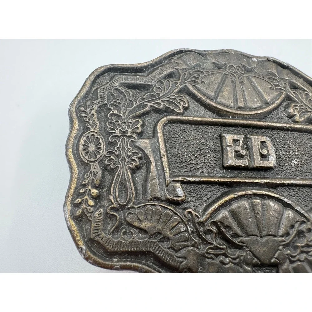 Vintage Nocona "ED" Nameplate Belt Buckle Western Style Floral Brass Finish - Picture 2 of 5